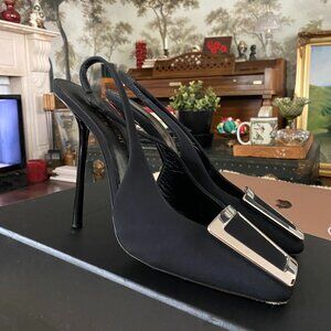 Saint Laurent Satin Black Slingback Pumps - Size 37
